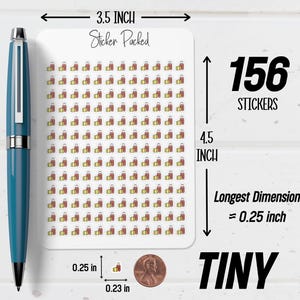 May include: A sheet of tiny stickers, each featuring a brown and yellow design, with the text "Sticker Packed". The sheet is 8.89 cm wide and 11.43 cm tall, containing 156 stickers. The longest dimension of each sticker is 0.64 cm.