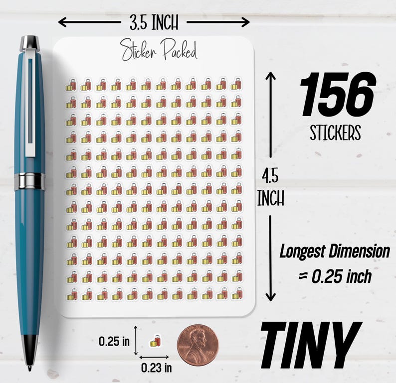 May include: A sheet of tiny stickers, each featuring a brown and yellow design, with the text "Sticker Packed". The sheet is 8.89 cm wide and 11.43 cm tall, containing 156 stickers. The longest dimension of each sticker is 0.64 cm.