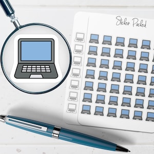 May include: Laptop stickers with a blue screen and gray keyboard are displayed. A magnifying glass focuses on a single laptop sticker. The words "Sticker Packed" are written on the sticker sheet. A blue pen is in the foreground.
