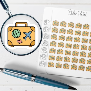 May include: A sheet of travel-themed stickers featuring a suitcase design with a globe, airplane, and arrow. The stickers are in shades of yellow, blue, and green. The words "Sticker Packed" are written in cursive on the sheet.