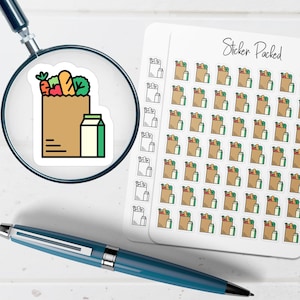 May include: Sticker sheet with multiple grocery bag stickers. Each sticker features a brown paper bag filled with vegetables and a carton of milk. The stickers are labeled "Sticker Packed". A blue pen and a magnifying glass are also in the image.