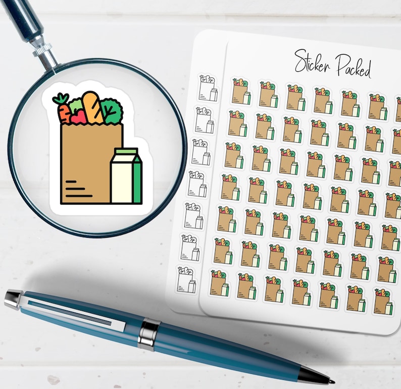 May include: Sticker sheet with multiple grocery bag stickers. Each sticker features a brown paper bag filled with vegetables and a carton of milk. The stickers are labeled "Sticker Packed". A blue pen and a magnifying glass are also in the image.