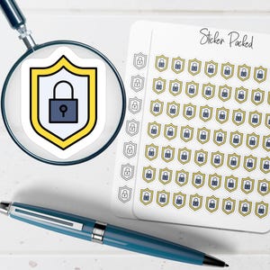 May include: A sheet of stickers with a security theme. Each sticker features a shield with a padlock icon. The stickers are yellow, black, and white. The words "Sticker Packed" are written on the sheet. A magnifying glass and a blue pen are also in the image.