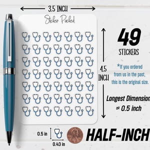 May include: A sheet of 49 stethoscope stickers, each approximately 0.5 inches in size. The stickers are light blue and white, with a stethoscope design. The sheet is 3.5 inches wide and 4.5 inches tall.