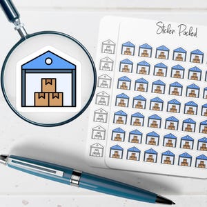 May include: A sheet of stickers with warehouse illustrations, each featuring a blue roof, open door, and stacked boxes. A magnifying glass focuses on a single sticker. A blue and silver pen is also in the image.