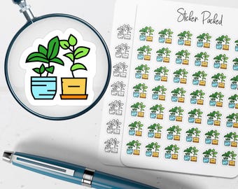 May include: A sticker sheet labeled Sticker Packed featuring rows of small potted plant illustrations. The stickers include both black and white line art and colored versions with green leaves in blue and yellow pots. A magnifying glass shows one sticker in detail, and a blue pen lies below.
