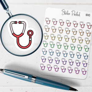 May include: A sticker sheet with multiple colorful stethoscope stickers. A single stethoscope sticker is magnified by a magnifying glass. A blue pen is also in the image. The sticker sheet has the text "Sticker Packed" and the number "0043".