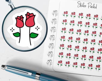 May include: A sheet of stickers featuring red rose illustrations with green leaves and black stems. The stickers are on a white background, with the words "Sticker Packed" in black script. A magnifying glass and a blue pen are also in the image.