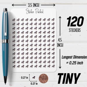 May include: A sheet of 120 tiny dachshund stickers, each approximately 0.64 cm in length. The sticker sheet is 8.89 cm wide and 11.43 cm tall, with the words "Sticker Packed" and "TINY" visible.