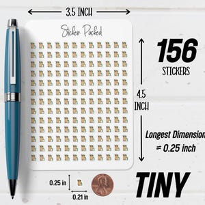 May include: A sheet of 156 tiny stickers, each depicting a brown paper bag with green accents. The sheet is 3.5 inches wide and 4.5 inches tall. The longest dimension of each sticker is 0.25 inches. The text "Sticker Packed" and "TINY" are also visible.