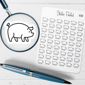 May include: A sheet of white stickers with black outline pig illustrations. The stickers are labeled "Sticker Packed" and have the number "0338" printed on them. A magnifying glass and a blue pen are also in the image.