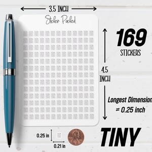 May include: A sheet of 169 tiny stickers, each with a file icon, measuring 3.5 inches wide and 4.5 inches tall. The longest dimension of each sticker is approximately 0.25 inches. The text "Sticker Packed" and "TINY" are also visible.