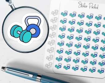 May include: A sheet of stickers featuring fitness-themed designs. The stickers include illustrations of dumbbells and kettlebells in shades of blue and teal. The words "Sticker Packed" are written in cursive on the sheet.