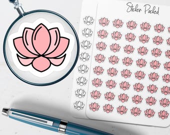 May include: A sheet of stickers featuring pink lotus flower designs with black outlines. The stickers are on a white background. A magnifying glass focuses on a single lotus sticker. A blue pen is in the foreground. The text "Sticker Packed" is visible.