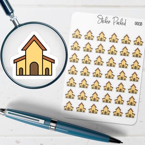 Puede incluir: Una hoja de pegatinas con un patr&oacute;n repetido de una iglesia de dibujos animados. Cada pegatina muestra un edificio amarillo con un tejado y una puerta marrones. Las pegatinas est&aacute;n sobre un fondo blanco, con las palabras "Sticker Packed" en la parte superior.