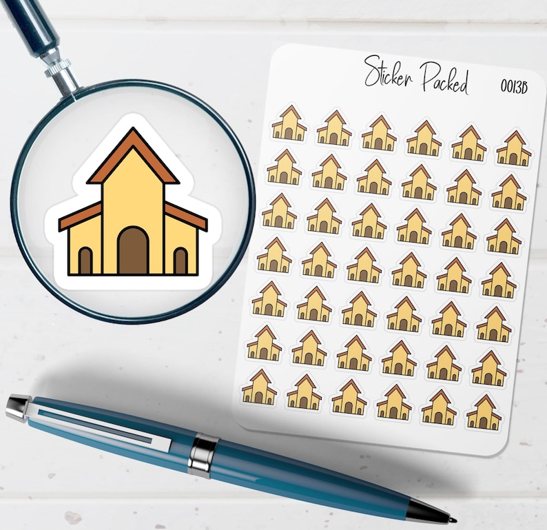 Puede incluir: Una hoja de pegatinas con un patr&oacute;n repetido de una iglesia de dibujos animados. Cada pegatina muestra un edificio amarillo con un tejado y una puerta marrones. Las pegatinas est&aacute;n sobre un fondo blanco, con las palabras "Sticker Packed" en la parte superior.