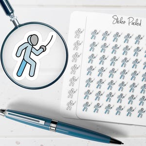 May include: A sheet of stickers with a fencing theme. The stickers feature a blue and gray cartoon fencer. The sheet is labeled "Sticker Packed". A blue pen and a magnifying glass are also in the image.