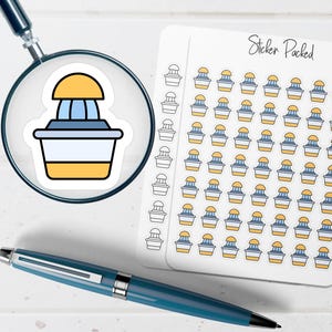 May include: A sheet of stickers with a citrus juicer design, in yellow, blue, and white, with the text "Sticker Packed". A magnifying glass and a blue pen are in the image.