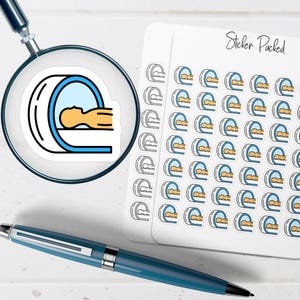 May include: A sheet of stickers with a medical theme, featuring a cartoon MRI machine with a person inside. The stickers are white with a blue, black, and orange design. The words "Sticker Packed" are written on the sheet.