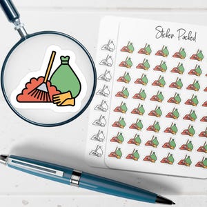 May include: A sheet of stickers with a cleaning theme. One sticker features a red dustpan, broom, gloves, and a green trash bag. The sheet also has multiple stickers with the text "Sticker Packed".
