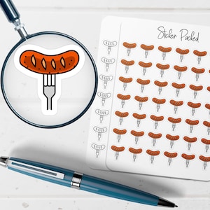 May include: A sheet of stickers featuring a cartoon sausage on a fork. The sausage is orange with brown details and is on a white background. The sheet also has the text "Sticker Packed".