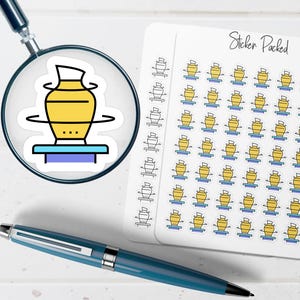 May include: A sheet of stickers featuring a yellow vase design with black outlines and a blue base. The stickers are on a white background, with the words "Sticker Packed" in black script. A magnifying glass and a blue pen are also in the image.