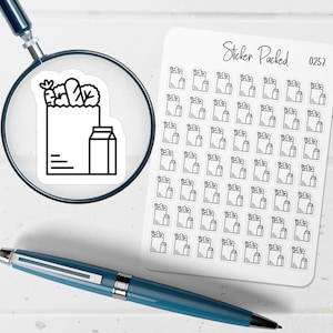 May include: A sheet of stickers with a grocery bag and milk carton design. The stickers are black and white. The words "Sticker Packed" and the number "0257" are printed on the sheet. A blue pen and a magnifying glass are also in the image.
