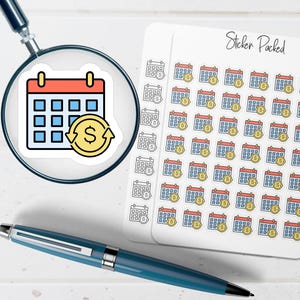 May include: A sheet of stickers with a calendar and dollar sign design, and the text "Sticker Packed". The stickers feature a red calendar with blue squares and a yellow dollar sign.