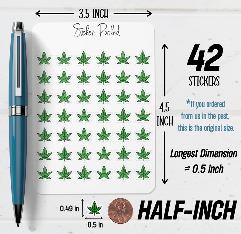 May include: A sheet of 42 green cannabis leaf stickers. The sheet measures 8.89 cm wide and 11.43 cm tall. Each sticker is approximately 1.27 cm in size. The text "Sticker Packed" is at the top.