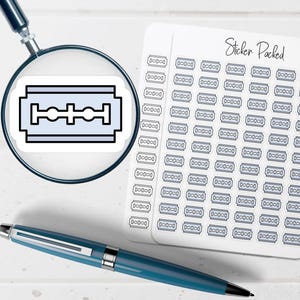 May include: A sticker sheet with multiple small stickers of a razor blade design. The stickers are light blue with a black outline. A magnifying glass focuses on a single sticker. A blue pen is also in the image. The text "Sticker Packed" is on the sticker sheet.