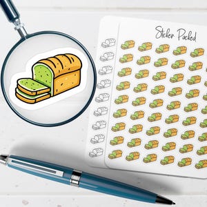 May include: A sticker sheet with the text "Sticker Packed" and multiple stickers of cartoon bread slices. A magnifying glass shows a close-up of a bread sticker with green filling and two slices. A blue pen is in the foreground.