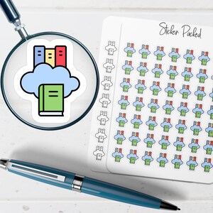 May include: A sheet of stickers with a repeating design of a book inside a cloud, with a magnifying glass over a single sticker. The stickers have a blue, green, red, and yellow color scheme. A blue pen is in the foreground. The sheet is labeled "Sticker Packed".