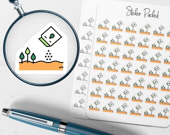May include: A sheet of stickers with a gardening theme. Each sticker features a green and white illustration of a seed packet, seeds, and small trees. The stickers are on a white background, with the words "Sticker Packed" in cursive.