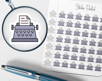 May include: A sticker sheet with typewriter stickers and a single typewriter sticker magnified by a magnifying glass. The stickers are light purple and white. A blue pen is in the foreground. The words "Sticker Packed" are on the sticker sheet.