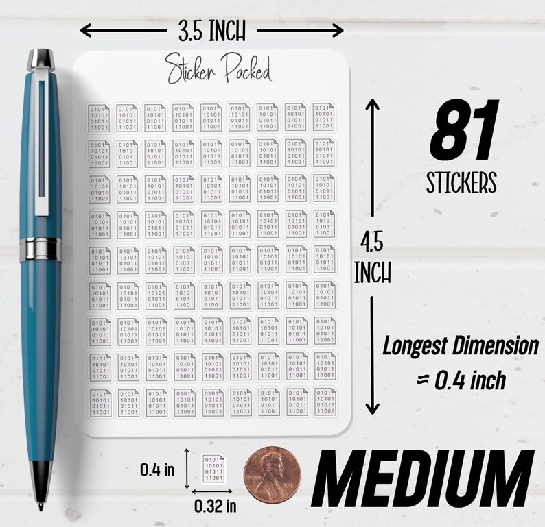 May include: A sheet of 81 medium-sized stickers, each featuring a binary code design. The stickers are 3.5 inches wide and 4.5 inches tall, with the longest dimension approximately 0.4 inches. The text "Sticker Packed" is at the top.