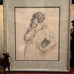 Vintage Framed Pencil Sketch of Depression Era Woman, Signed