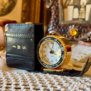 Vintage Battery-Powered World Time Travel Clock in Black Leather Case