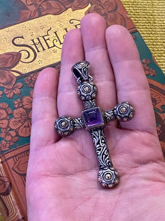 Vintage Amethyst 925 Sterling & 18k Gold Crucifix… - image 5