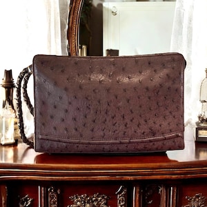 Cartera de mano o bolso de mano de avestruz color chocolate de Donna Lona, de lujo y poco común