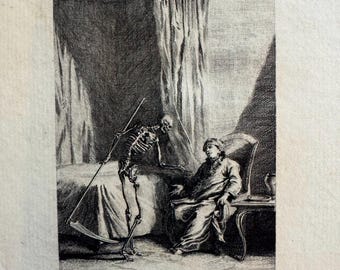 Victorian Era Etching of J.B. Oudry's 'Death and Dying' by Master Engraver  L. Monziès