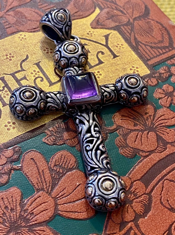 Vintage Amethyst 925 Sterling & 18k Gold Crucifix… - image 2