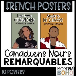 Puede incluir: Dos carteles ilustrados con el texto "FRENCH POSTERS" en la parte superior. Los carteles presentan retratos de Larissa Crawford y André De Grasse. El texto "Canadiens Noirs REMARQUABLES" está debajo, con "10 POSTERS" en la parte inferior.
