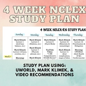 May include: A colorful chart titled "4 Week NCLEX Study Plan" with a weekly breakdown of study topics using resources from Mark Klimek, UWorld, and YouTube videos. The chart includes a list of lectures and topics to study each day, along with recommendations for study materials.
