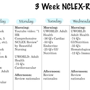 May include: A 3-week study plan for the NCLEX-RN exam. The plan is divided into days of the week, with each day having a morning and afternoon session. The plan includes topics such as adult health, cardiac, endocrine, GI, nutrition, haematological, immune, infectious disease, integumentary, musculoskeletal, and neuro. The plan also includes review rationales for each day.