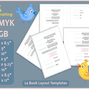 Puede incluir: 24 plantillas de diseño de libro con diferentes tamaños, incluyendo 5,5 x 8,5 pulgadas, 6 x 9 pulgadas, 7 x 10 pulgadas, 7,5 x 9 pulgadas, 7,5 x 9,25 pulgadas, 8 x 10 pulgadas, 8,5 x 8,5 pulgadas y 8,5 x 11 pulgadas. Las plantillas están ilustradas con un pájaro azul y un pájaro amarillo.