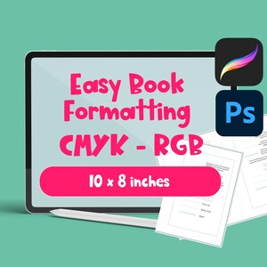 以下が含まれることがあります： デジタルタブレットには「Easy Book Formatting CMYK - RGB」というテキストが表示され、ピンク色のバナーには25.4 x 20.3 cmの寸法が示されています。 2つのソフトウェアアイコンと2枚の紙も表示されています。 白いスタイラスが表面に置かれています。