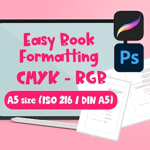 May include: A digital tablet displays the text "Easy Book Formatting CMYK - RGB" in pink. Below, a pink banner reads "A5 size (ISO 216 / DIN A5)". Two software icons and two A5-sized papers are also visible.