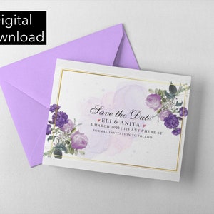 Lila Splash Postkarte, moderne Save the Date Postkarte, druckbare Save the Date Karte, elegante Save the Date Karte, Blumen Postkarte
