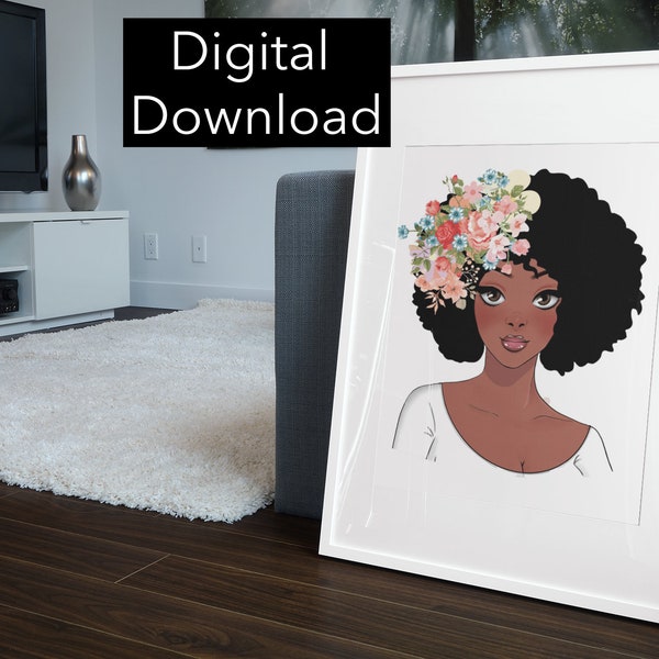 Beautiful Woman Art, Head Of Flowers Female Wall Art, Woman Head Flower Art Print, Flower Head Woman Poster, African American Woman Art