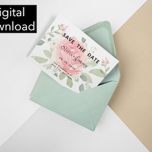 Rose Flower Postkarte, moderne Save the Date Postkarte, druckbare Save the Date Karte, elegante Save the Date Karten, Save the Date Postkarte